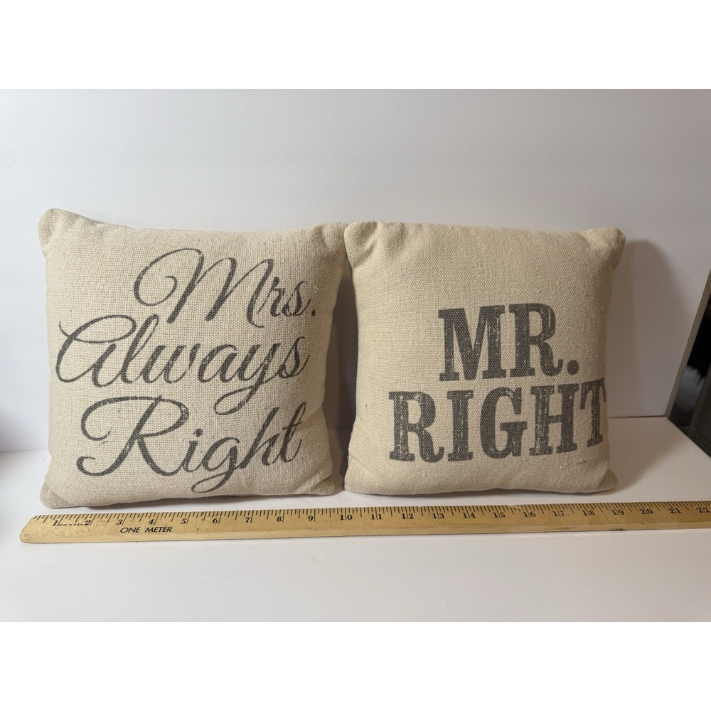 Rustic Burlap Throw Pillows 9" Mr Right Mrs Always Right Couples Novelty Decor - Picture 6 of 6